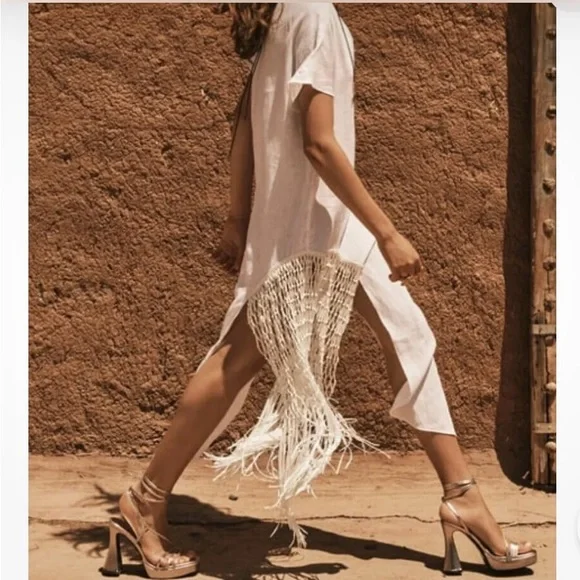 NEW ZARA 2023 WHITE LINEN LONG TUNIC DRESS WITH FRINGE SIZE XS RARE 7495/810 - Picture 3 of 5